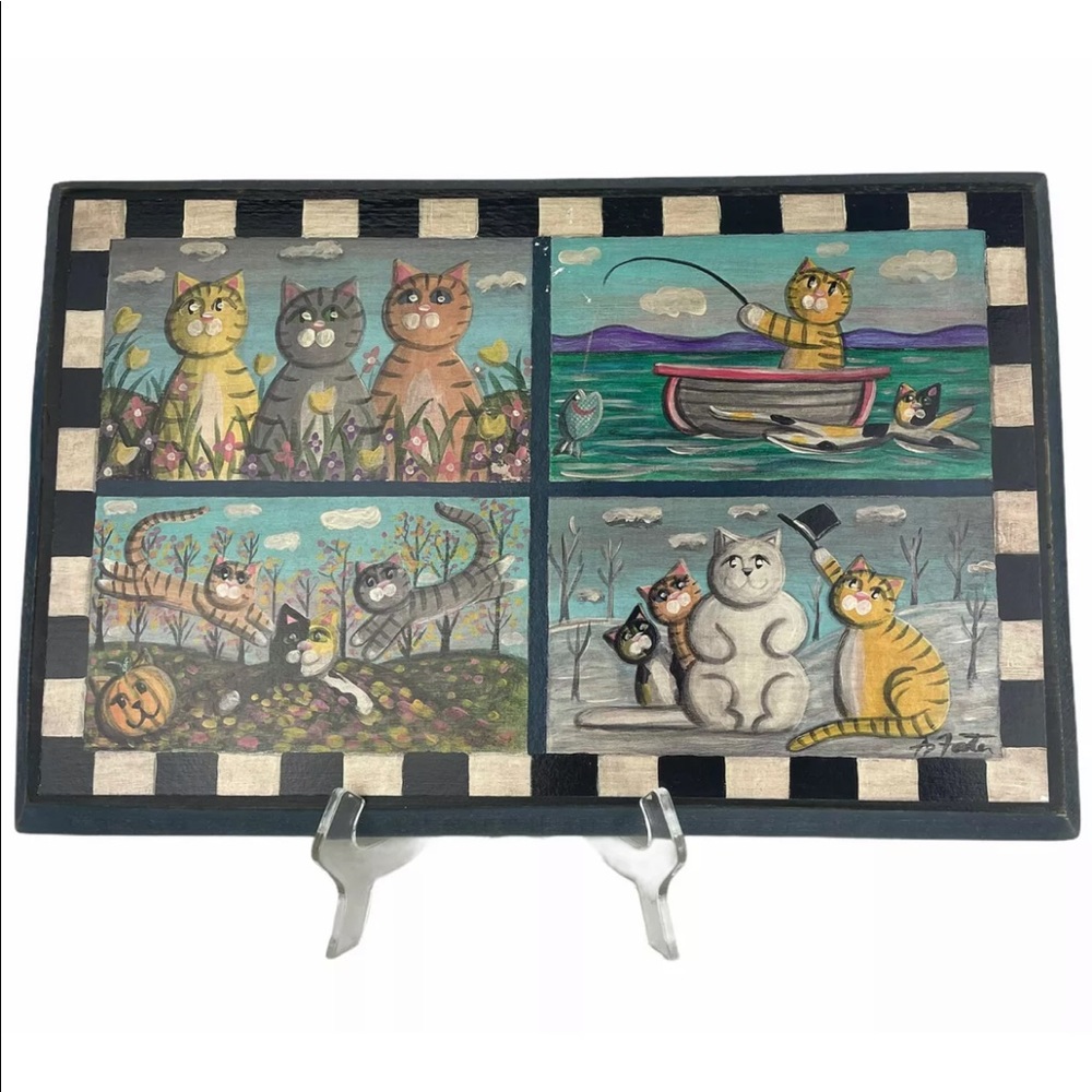 Hand Painted Cat Folk Art 4 Seasons Signed A D Foster On Wood Ready To Hang